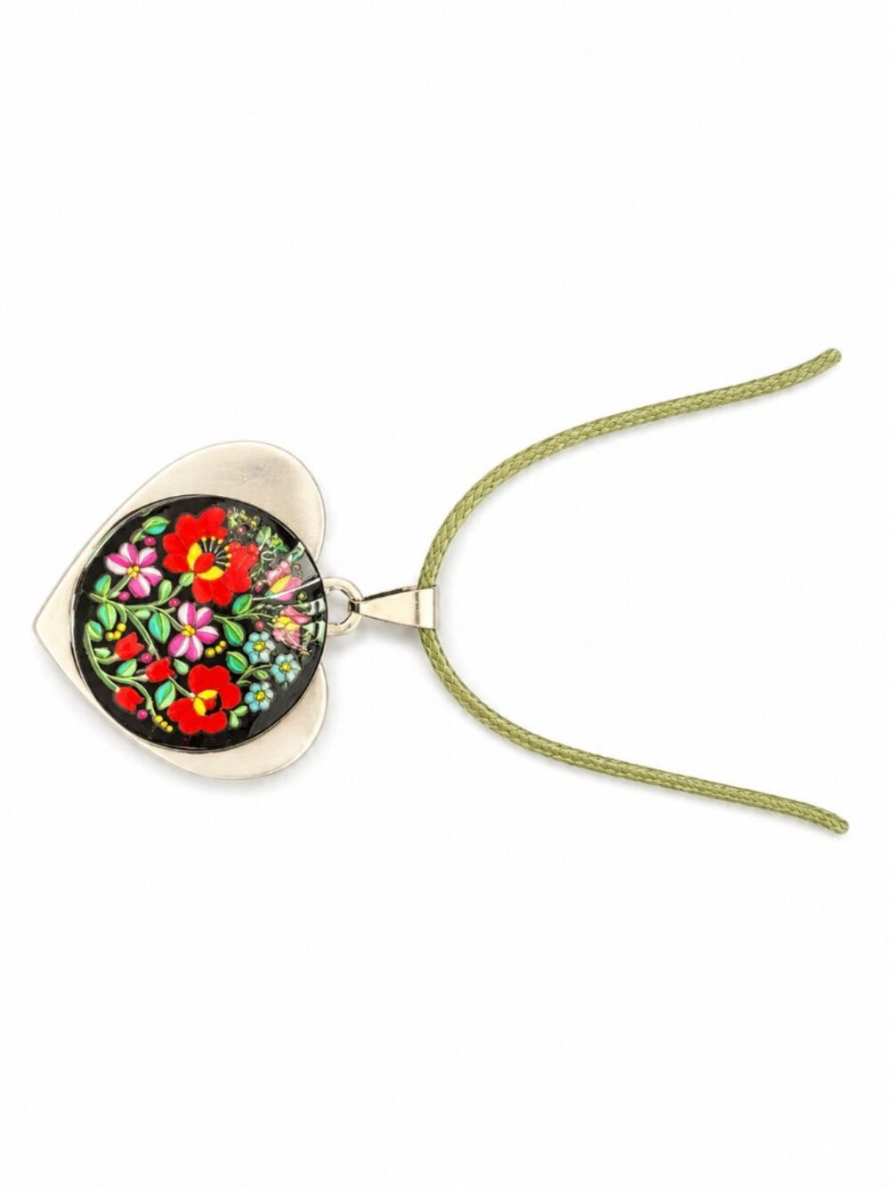 Handmade Floral Heart Necklace NWT Artisan Folk Art OOAK Stainless Steel Gift